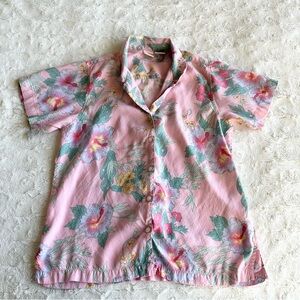 Vintage Ocean Pacific Hawaiian Shirt Womens Large Pink Rayon Floral Asian OP Vtg